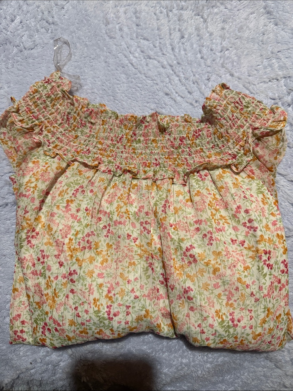 CeCe Floral Smocked Crop Blouse in Ivory, Pink & Yellow - Picture 2 of 2